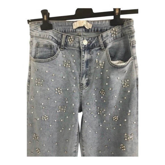 Stunning‎ Pearl & crystal cz adorned light wash denim jeans size large brand new - Picture 1 of 14